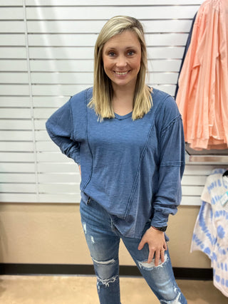 Navy Mineral Wash V-Neck Long Sleeve Top