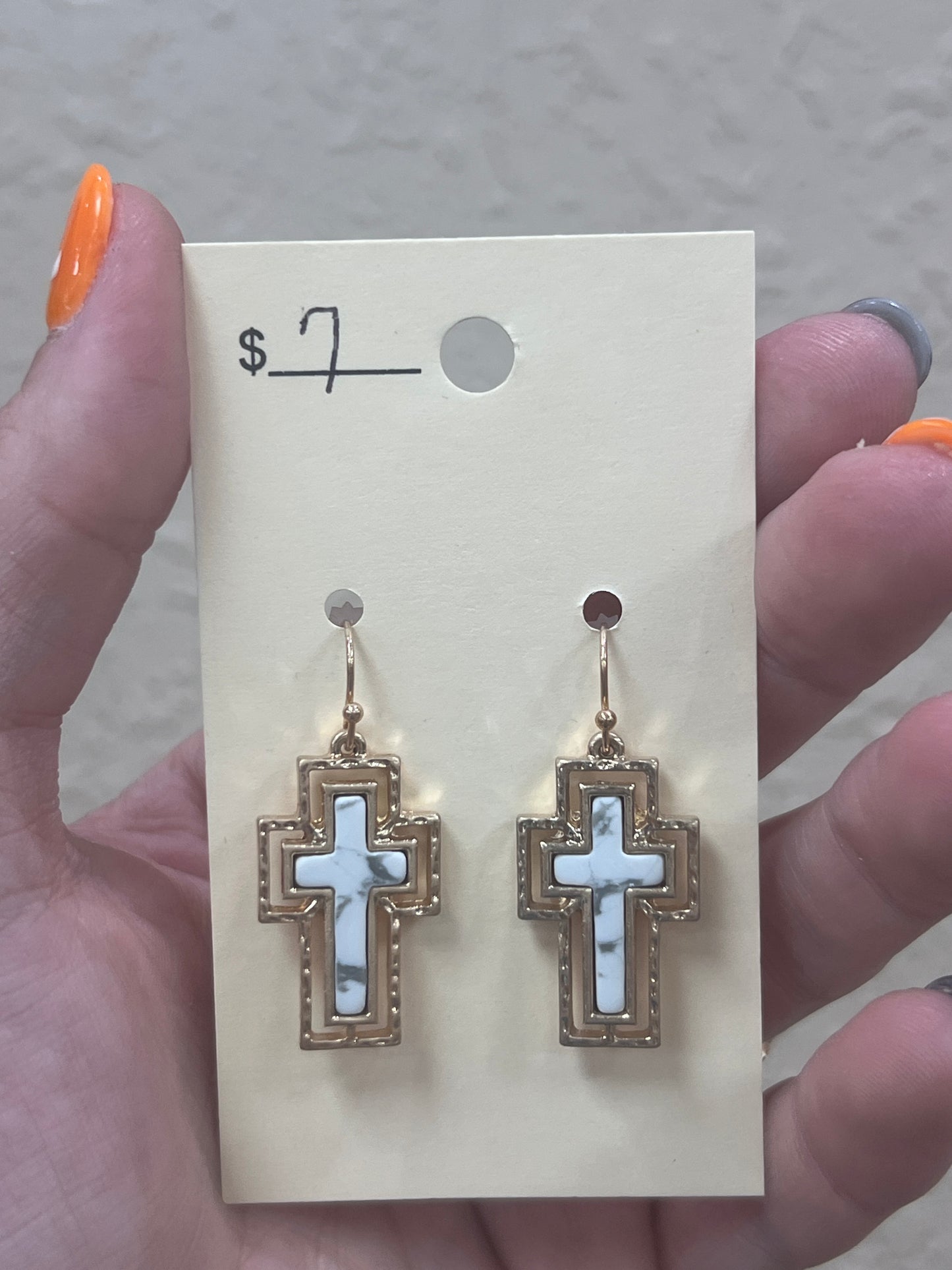 2913- White Cracked Stone Cross Earrings