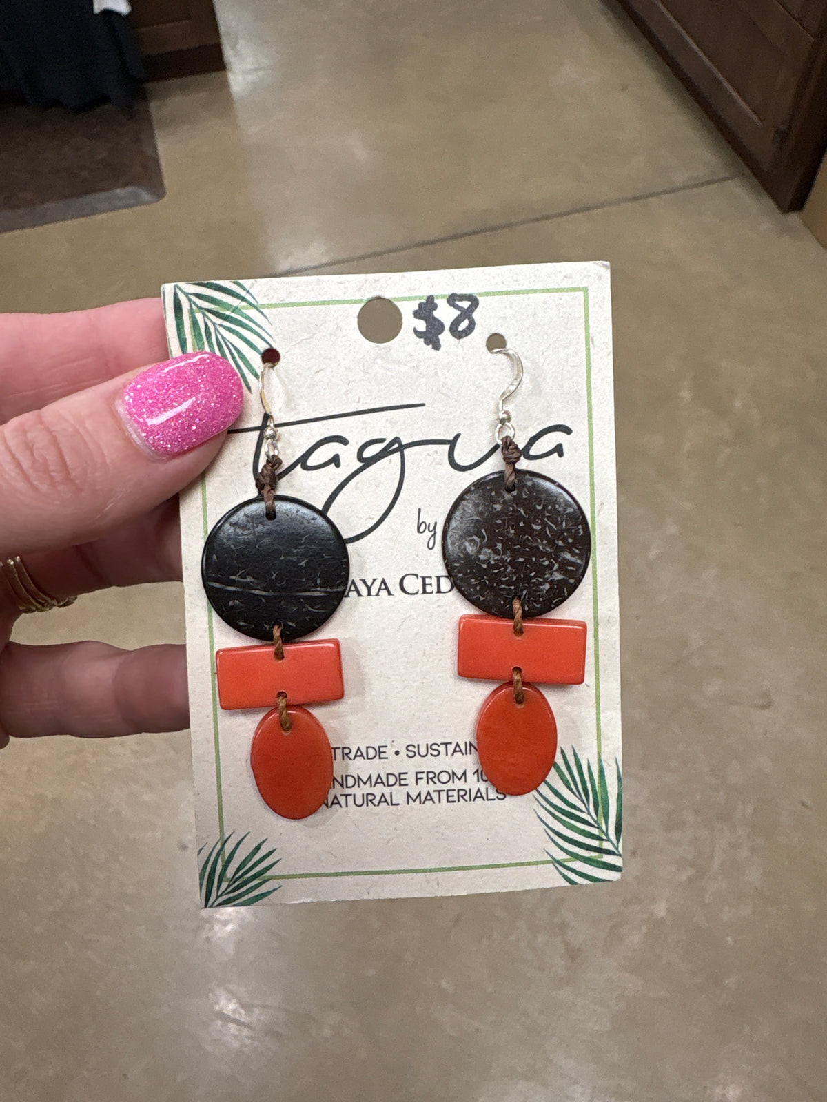 8439- Brown w/ Coral Tier Tauga Nut Earrings