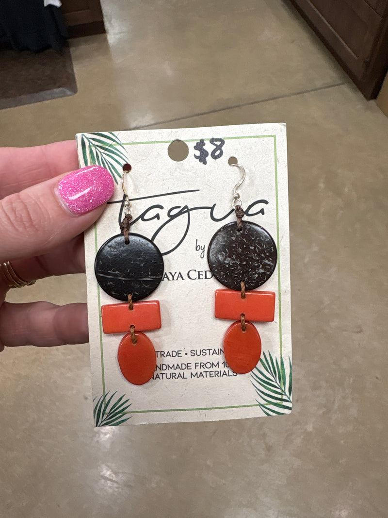 8439- Brown w/ Coral Tier Tauga Nut Earrings
