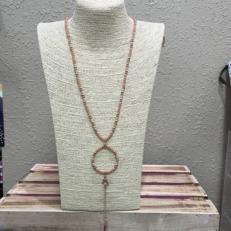 756- Blush Beaded Necklace w/ Circle W/ Tassel