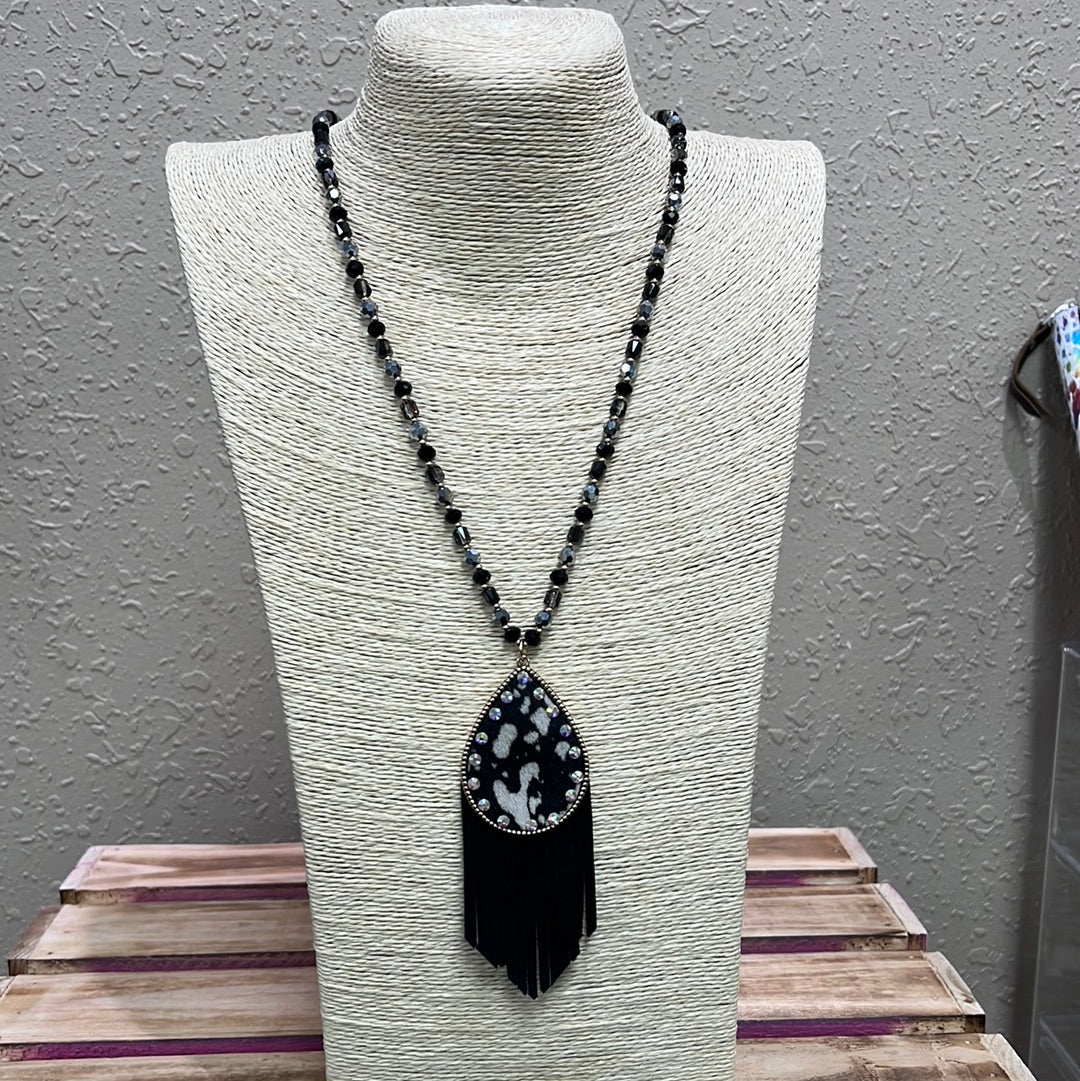 631- Black Beaded Necklace w/ Hair On Hide Detail