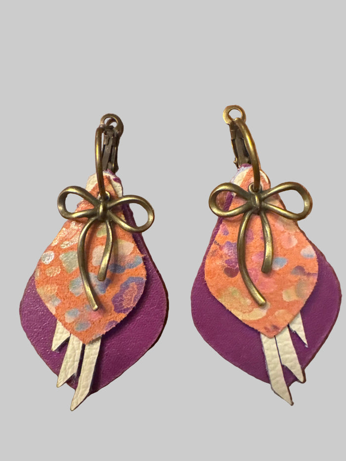 Purple, Cream, Coral Bow Charm Earrings