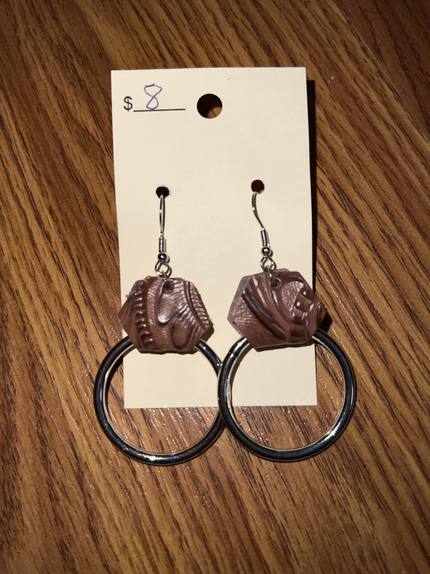 3085- Silver Hoop w/ Tooled Animal Print Faux Leather Earrings