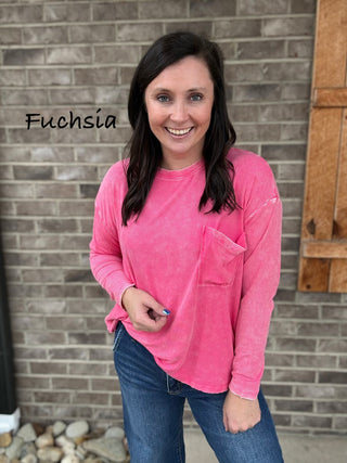 Washed Ribbed Dolman Sleeve Round Neck Top with Pocket by Zenana *MULTIPLE COLORS*