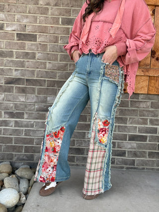 Denim Floral and Plaid Patch Wide Leg Pants - Denim *PREORDER* Oli & Hali | Dallas