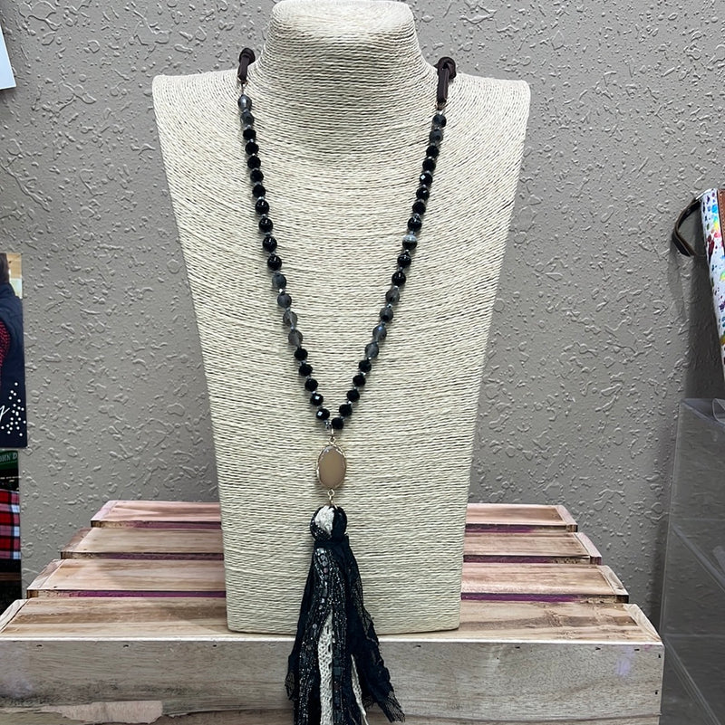 559- Black Tassel Necklace w/ Faux Leather