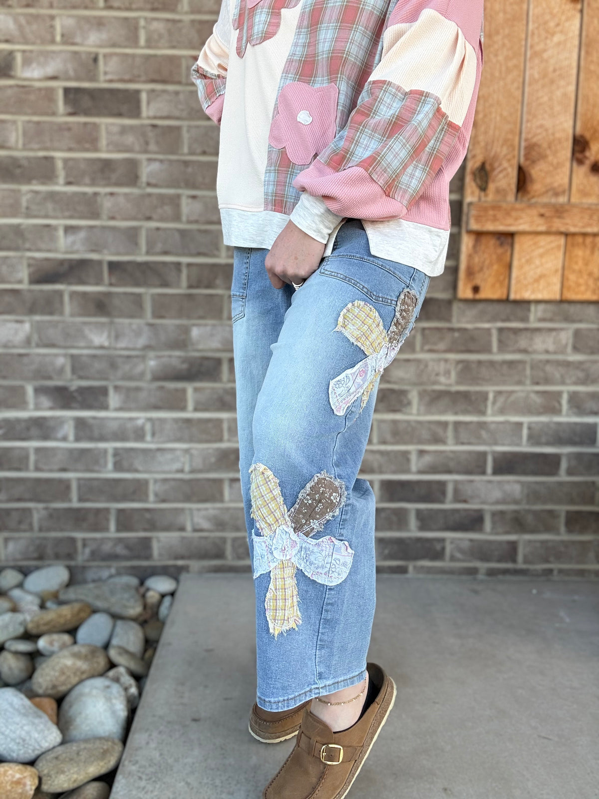 Denim Flower Patch Washed Barrel Pants by Easel