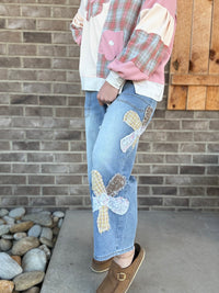 Denim Flower Patch Washed Barrel Pants by Easel