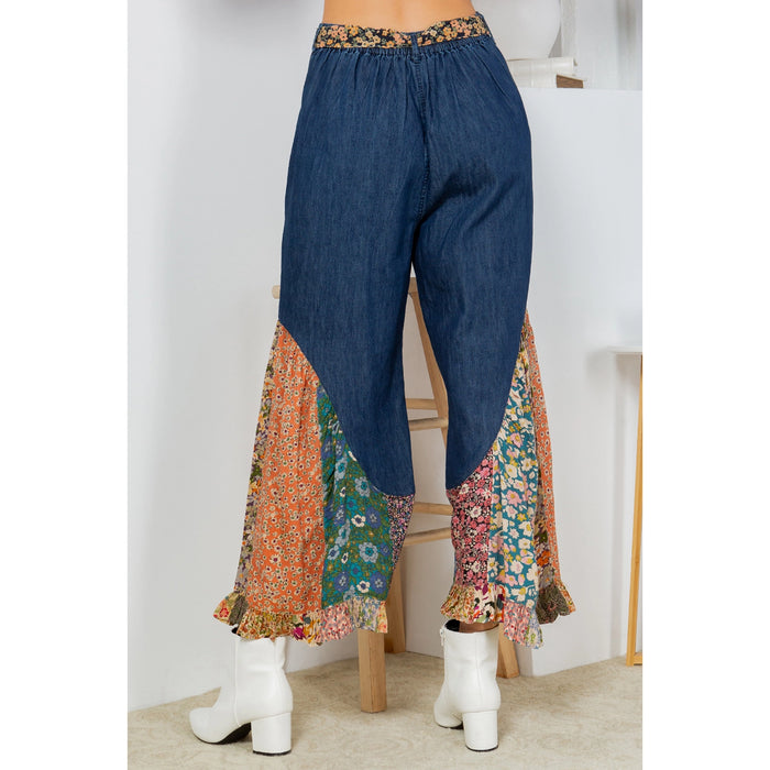 30016- Latte Boho Patchwork Denim Bellbottom Pants