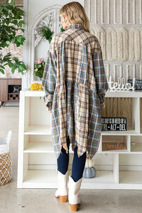 9160- Blue Plaid Mix Button Down Tunic w/ Shark Bite Hem Detail