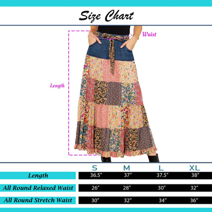 2565- Patchwork Serenade: Overdyed Long Skirt With Tiered Denim: Latte