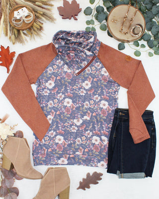 08.21 EN ROUTE Classic Zoey ZipCowl Sweatshirt - Blushwood Floral and Terra Cotta