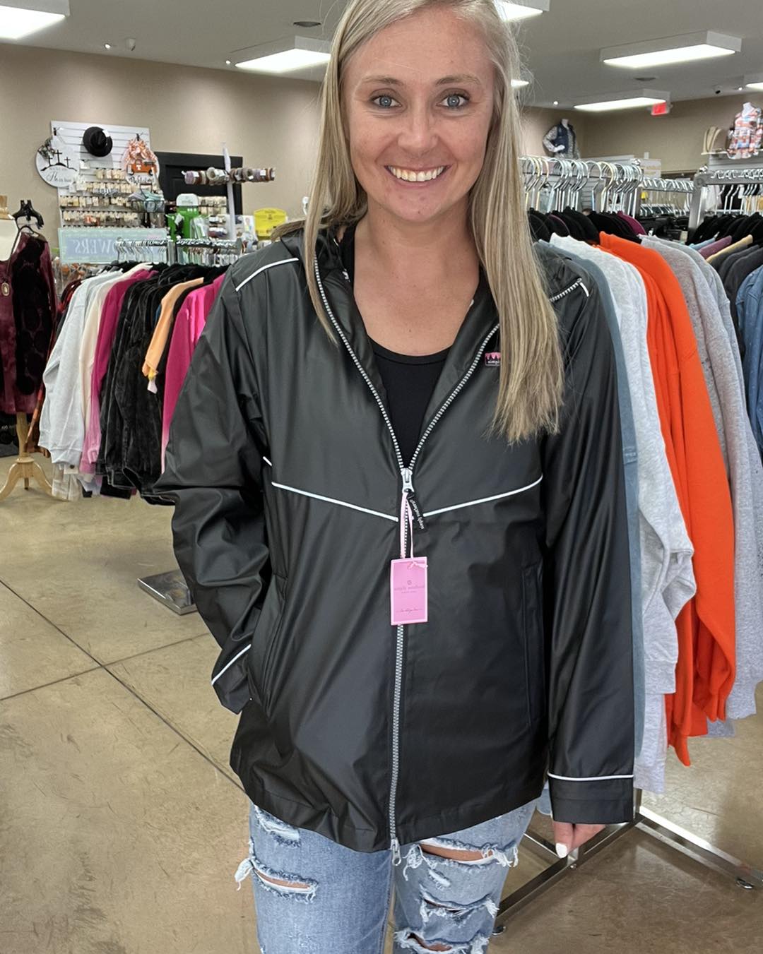 2483- Black Daisy Zip Up Rain Jacket by Simply Southern