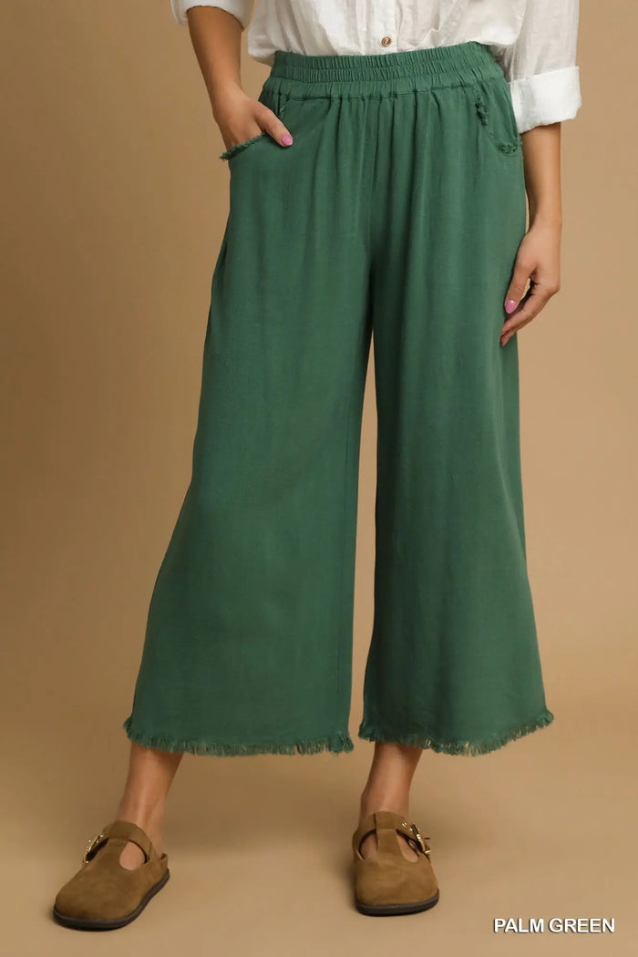 Hunter Green Freyed Hem Wide Leg Linen Pants by Umgee