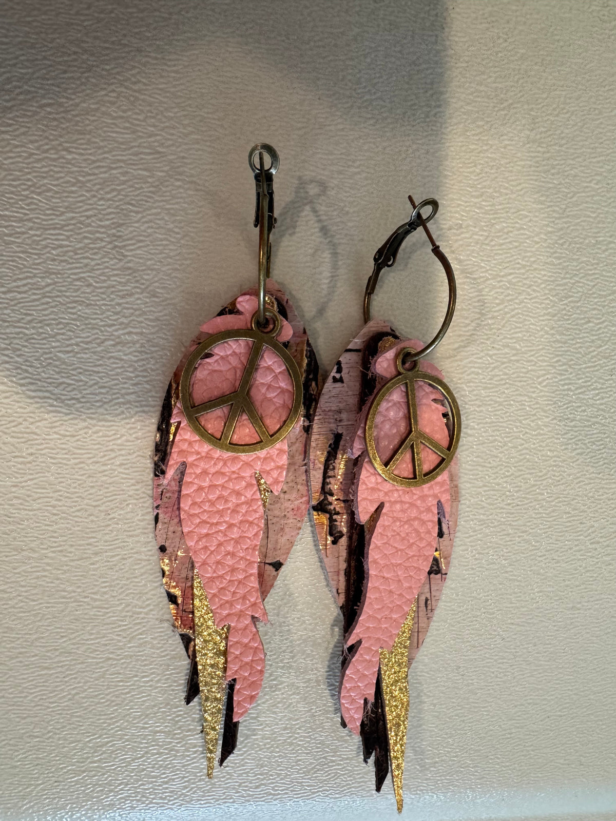 Pink, Brown, Gold Peace Sign Leather Boho Earrings