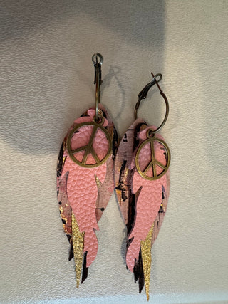 Pink, Brown, Gold Peace Sign Leather Boho Earrings