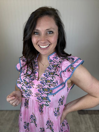 Pink Mix Floral Tiered Midi Dress with Ruffle Sleeve by Umgee