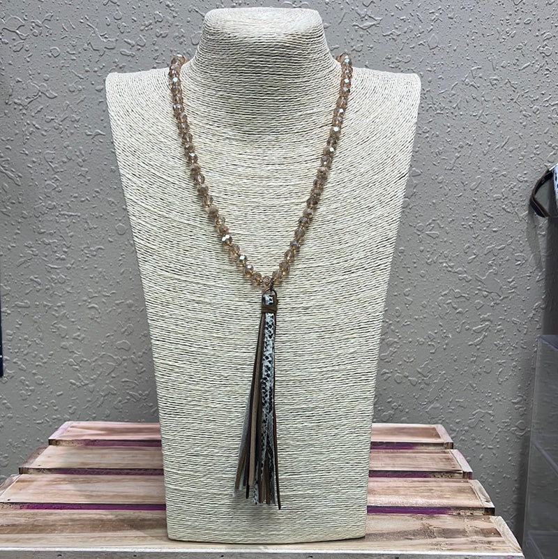 556- Taupe Beaded Necklace w/ Snakeskin Tassel