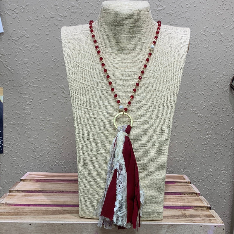 1332- Maroon Tassel Necklace w/ Lace