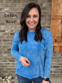 Washed Ribbed Dolman Sleeve Round Neck Top with Pocket by Zenana *MULTIPLE COLORS*