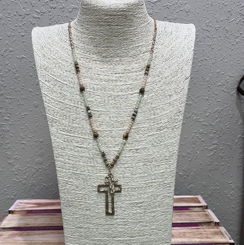 705- Semi-Precious Stone Beaded Cross Necklace