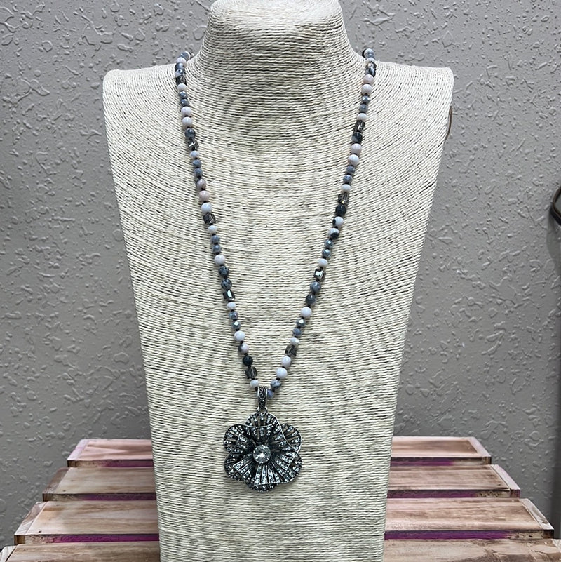 762- Titanium Beaded Necklace w/ Stone Crystal Pendant