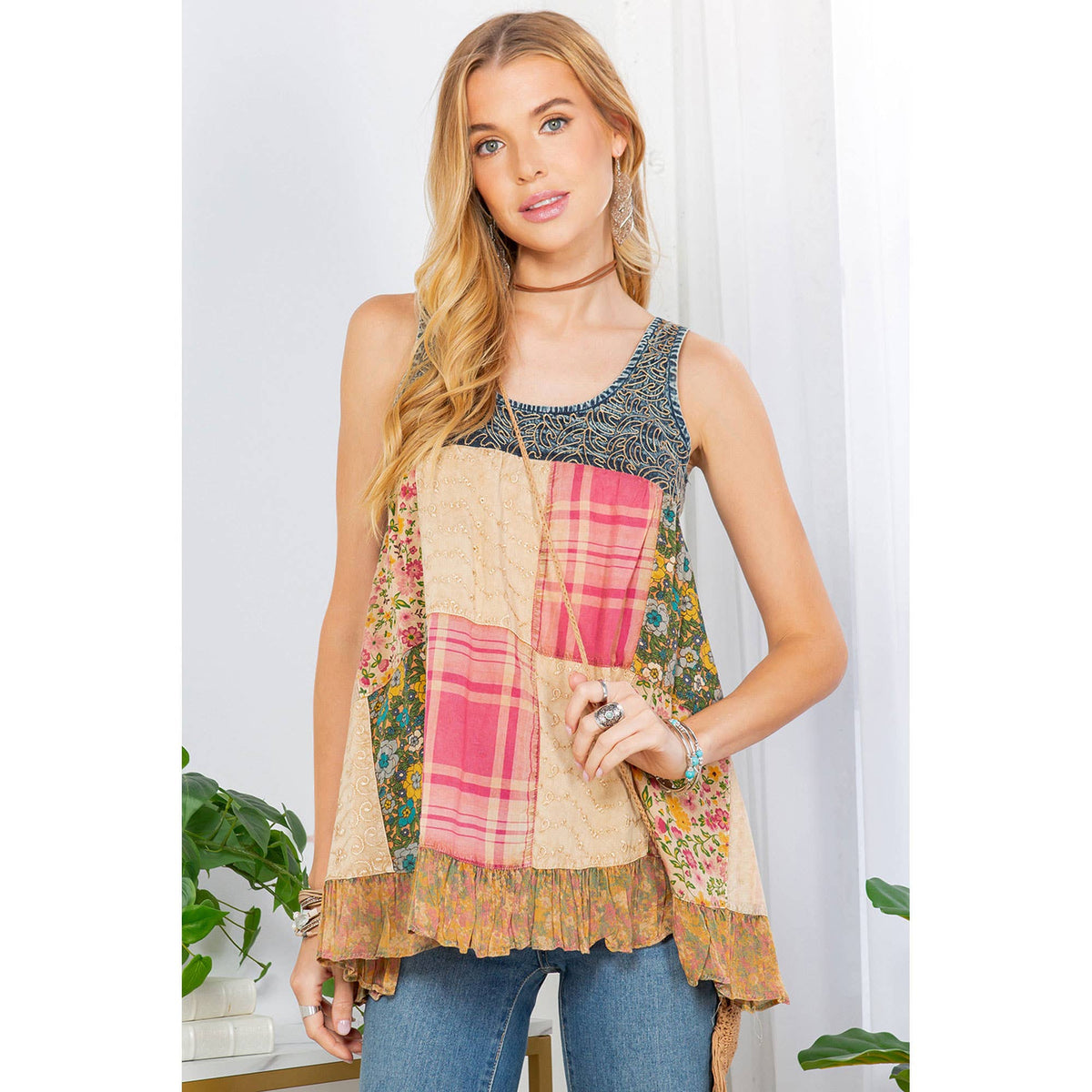 Fusion Denim And Plaid Tank Top Hand Aari Embroidery: Latte BY Young Threads