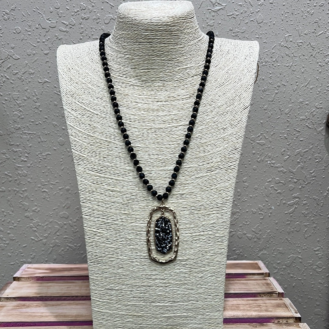 688- Black Beaded Necklace w/ Druzy Stud