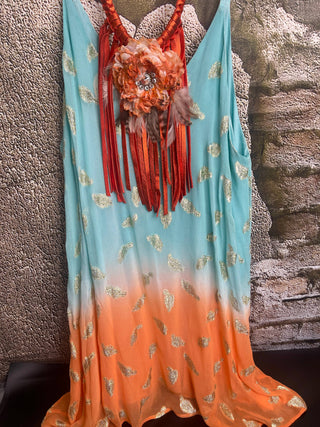 Soft Leather Fringe Flower Necklace: Denim blue