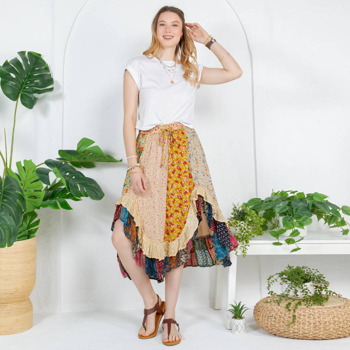Bohemian Mid-Length Skirt with Rayon Print: Latte By Young Threads