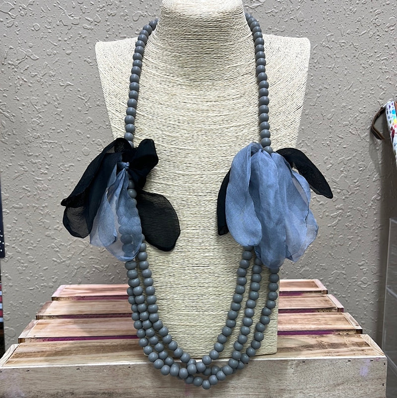 707- Gray Beaded Necklace w/ Black Lace