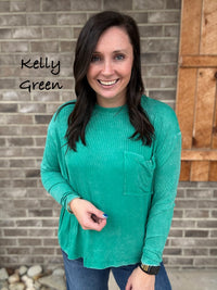 Washed Ribbed Dolman Sleeve Round Neck Top with Pocket by Zenana *MULTIPLE COLORS*