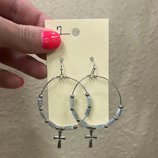 2191- Titanium Beaded Hoop Earrings w/ Cross Detail