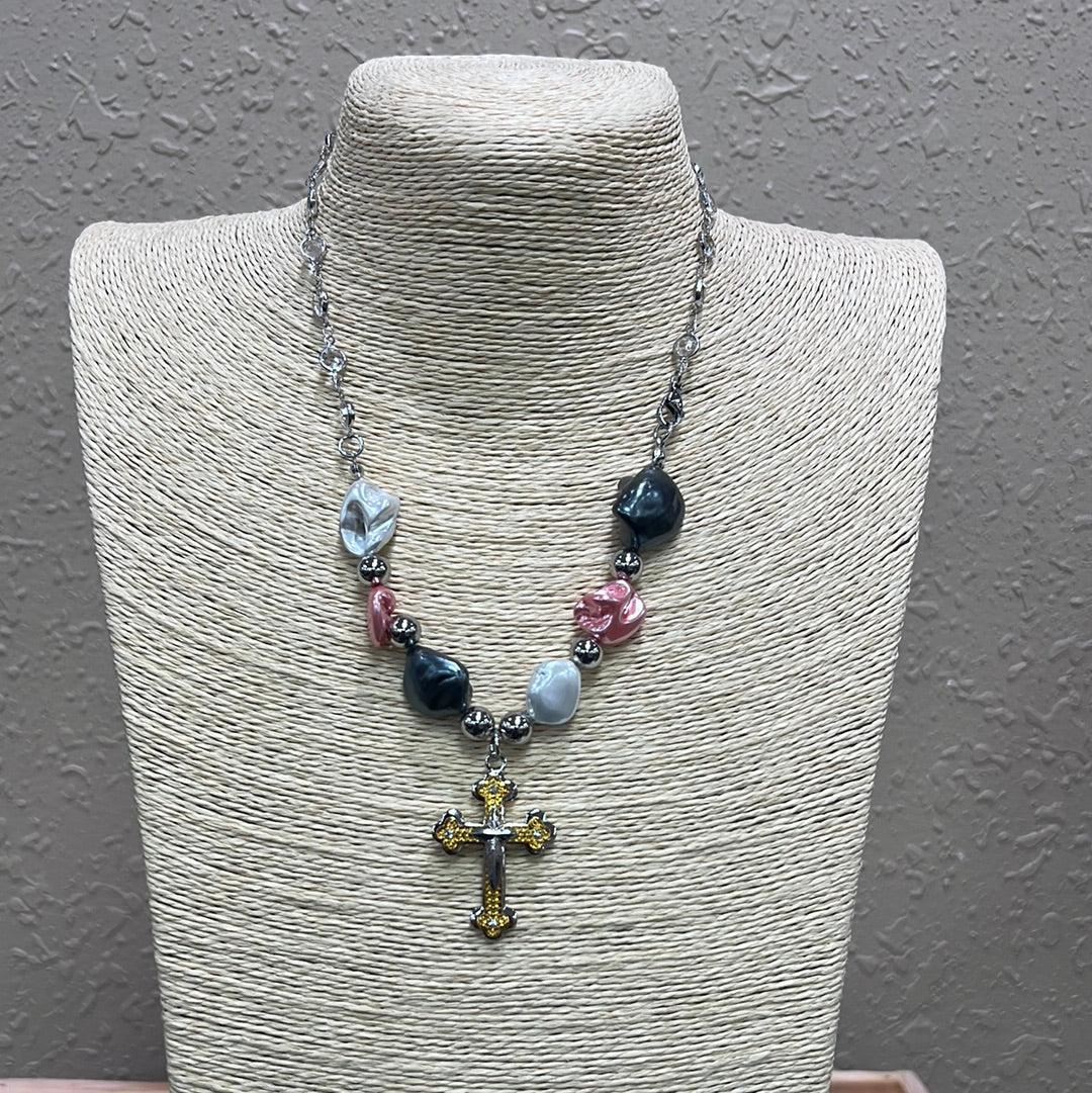 664- Stone Pink & Gray Necklace w/ Cross