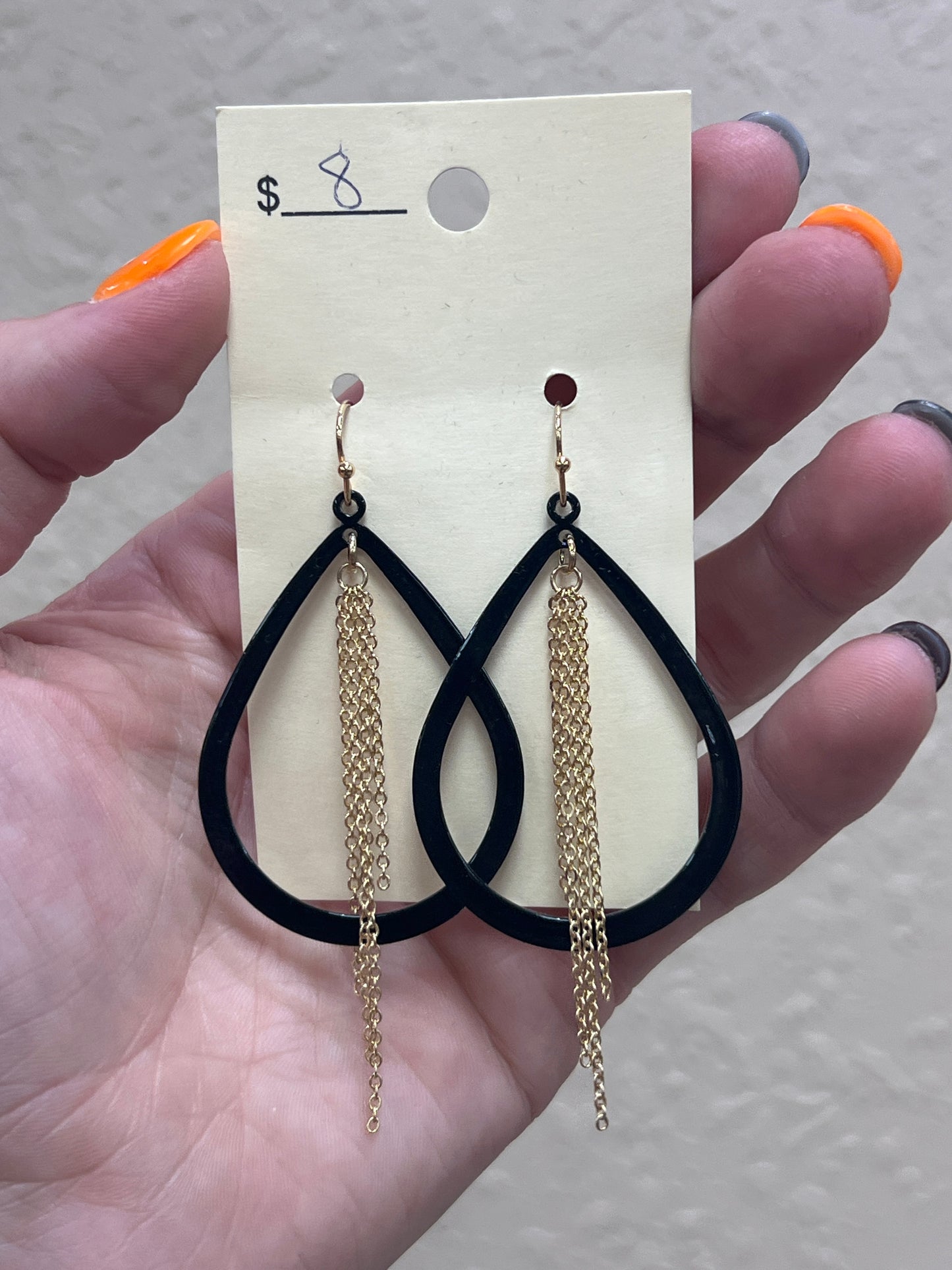 2867- Black Metal Teardrop Earrings w/ Gold Dangle