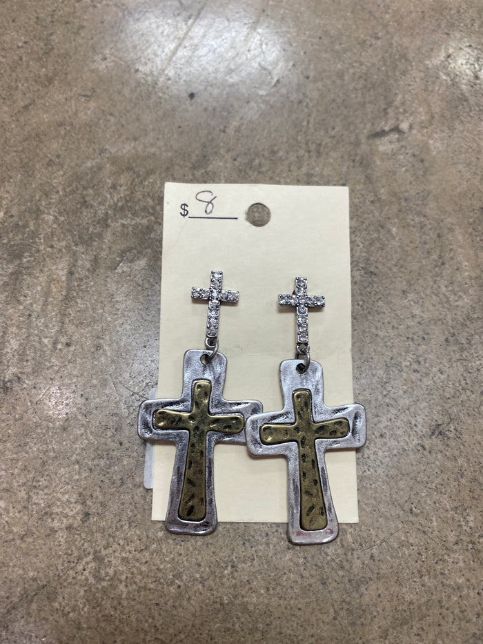 6064- Silver & Gold Cross Layer Earrings