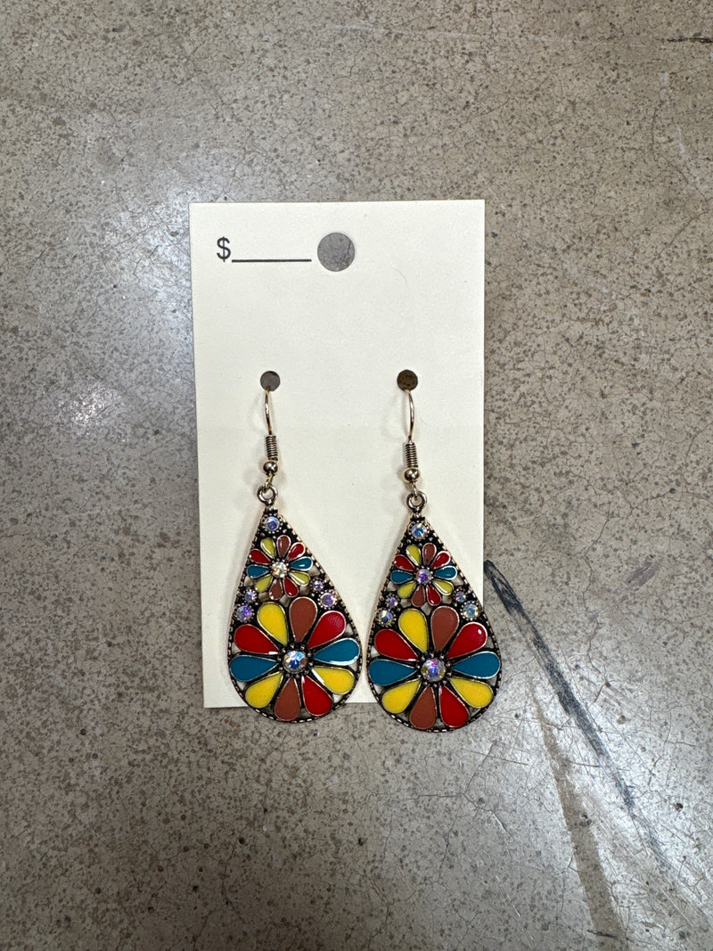 Red, Blue, and Yellow Floral Teardrop Earrings