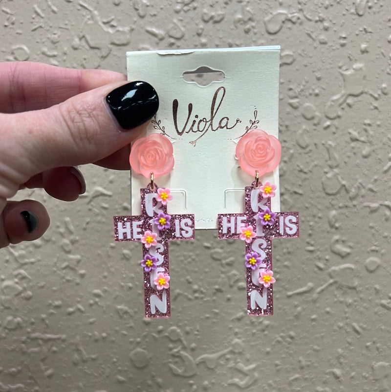 30022- He Is Risen Acrylic Cross Earrings