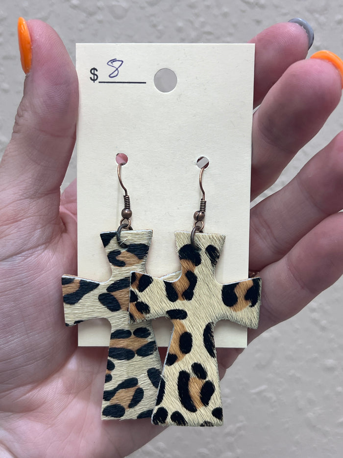 2862- Leopard Hair on Hide Cross Earrings