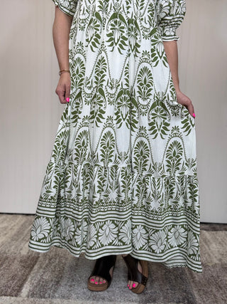 Green Two-Tone Border Print Midi Dress by Umgee