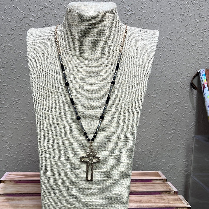 538- Black & Clear Beaded Necklace w/ Cross Pendant