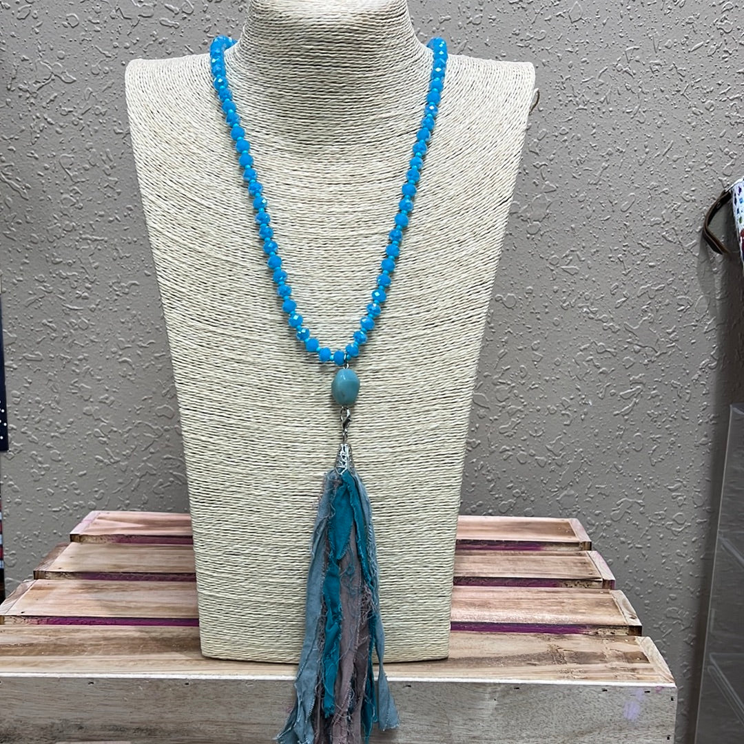 607- Blue & Mauve Tassel Necklace