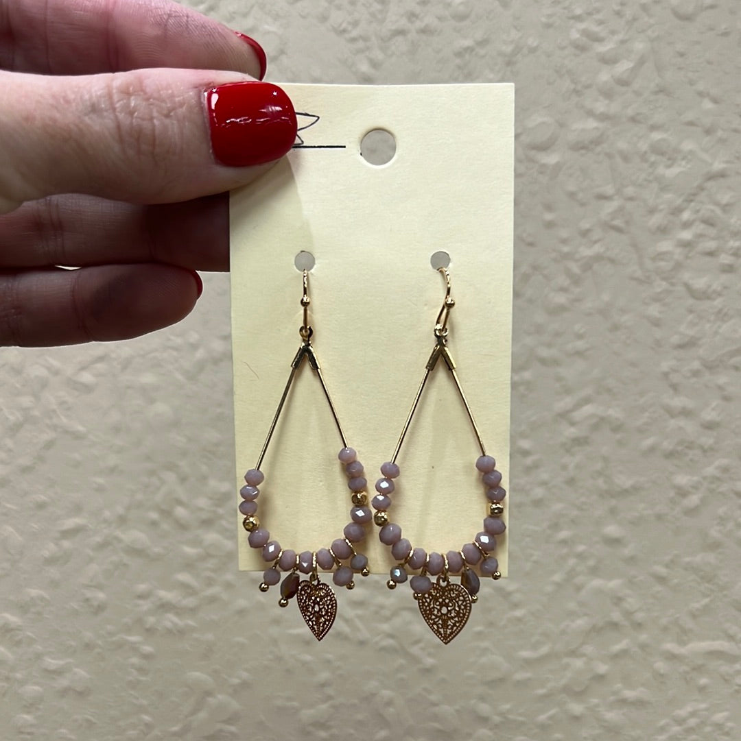 487- Light Lilac Teardrop Earrings w/ Heart Detail