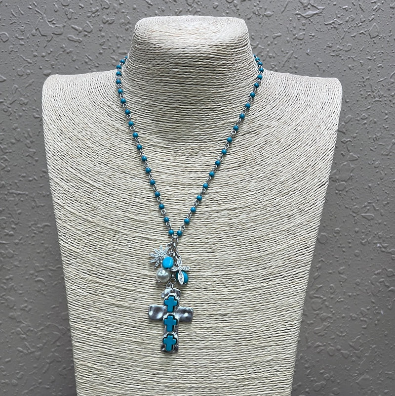 509- Turquoise & Silver Beaded Necklace w/ Cross Detail