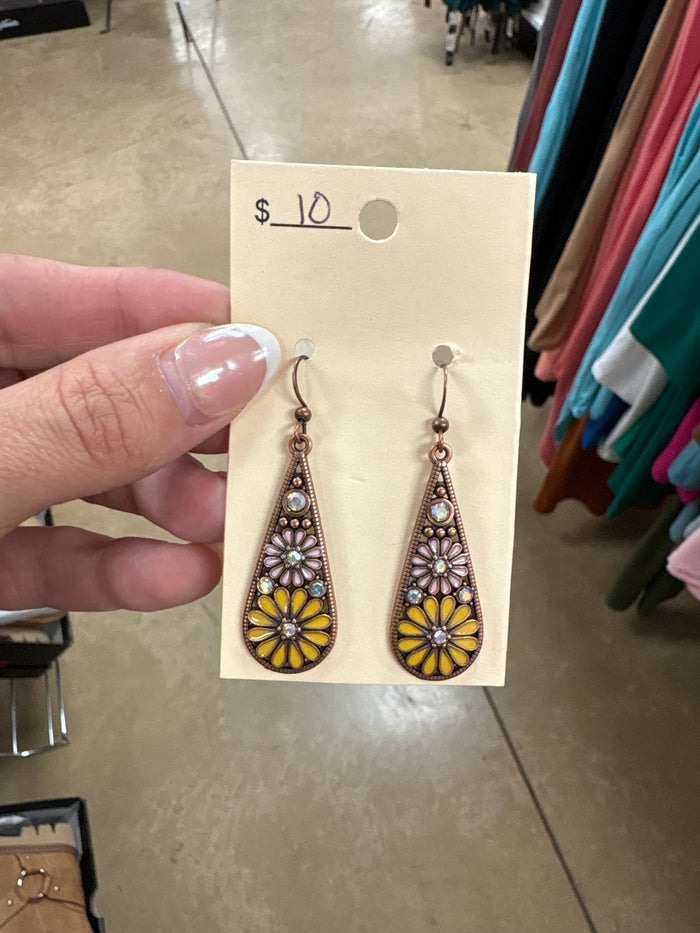 Yellow and Mauve Teardrop Earrings