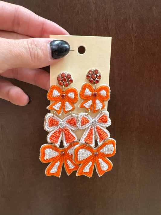 3465- Orange & White Bow Beaded Earrings *TN COLLECTION*