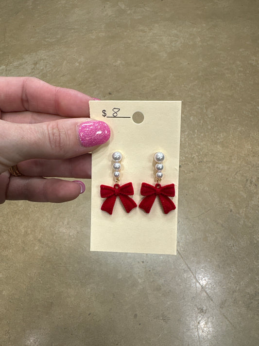 8397- Red Bow Clay w/ Pearl Detail Earrings