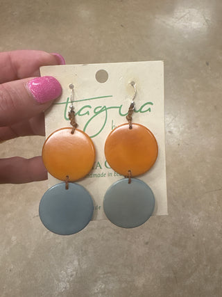 8421- Orange & Light Blue Circle Tauga Nut Earrings