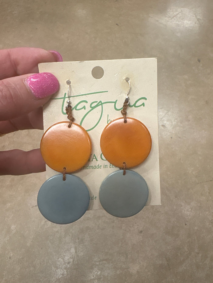 8421- Orange & Light Blue Circle Tauga Nut Earrings
